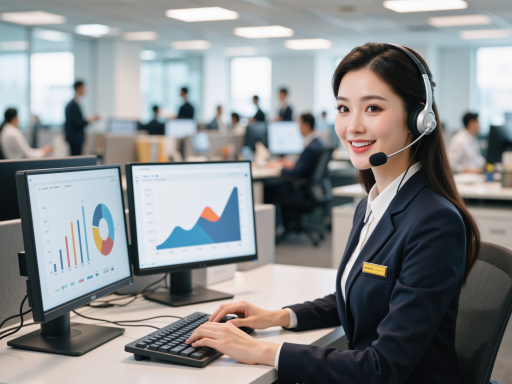 客户服务团队工作场景,多位客服人员坐在现代化办公区域,面前摆放电脑显示器,展现专业热情的服务态度