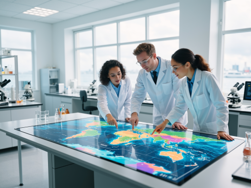 研发团队讨论场景,几位科研专家围坐会议桌前查看实验数据,背景为现代化研发实验室,体现专业团队合作氛围